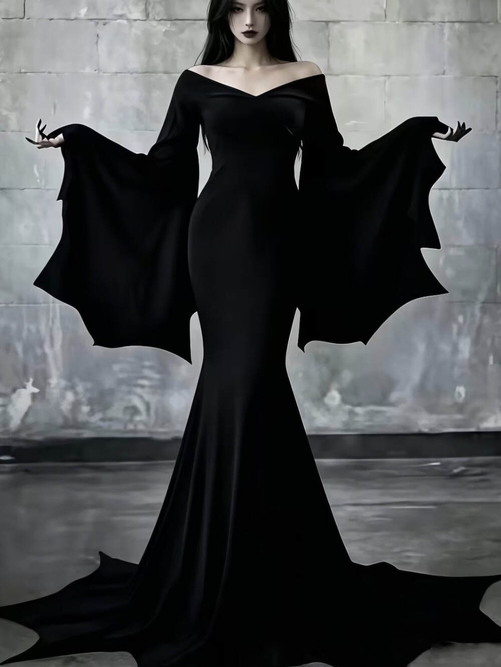 Gothic Style Off-Shoulder Mermaid Dress with Batwing Sleeves, Made of Polyester
